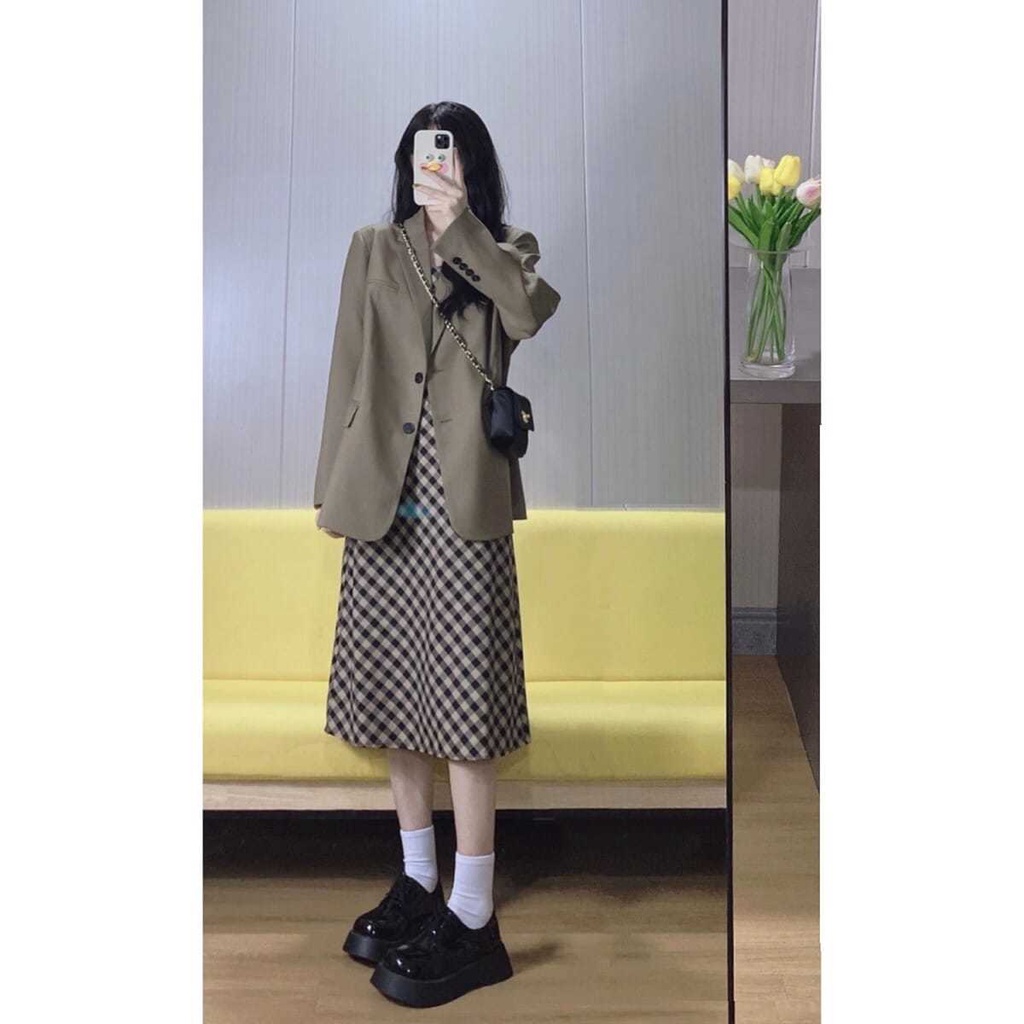 Set Đầm Hai Dây Họa Tiết Sọc Caro Và Áo Khoác Phong Cách Retro Thời Trang Cho Nữ