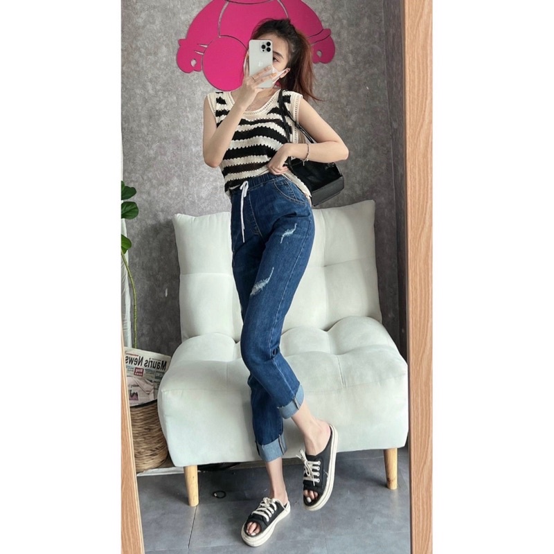 Quần baggy lưng thun chất jeans co giãn 40-65kg (biihome)