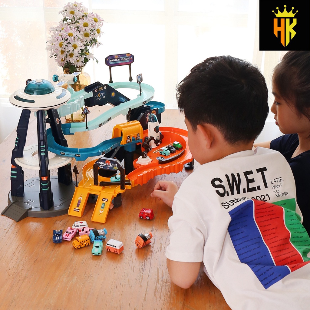 Đồ Chơi Đường Ray Vũ Trụ Garage Đỗ Xe Ô TÔ 3 Tầng Cao Cấp,Đường Đua Không Gian Căn Cứ Sao Hỏa Cho Bé Tặng Pin Sạc