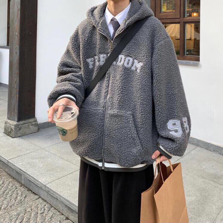 Khoác Lông Mũ Rộng Fre Nam Nữ Chất Lông Cừu Dáng Rộng Giữ Nhiệt Unisex Thêu Chữ Basic