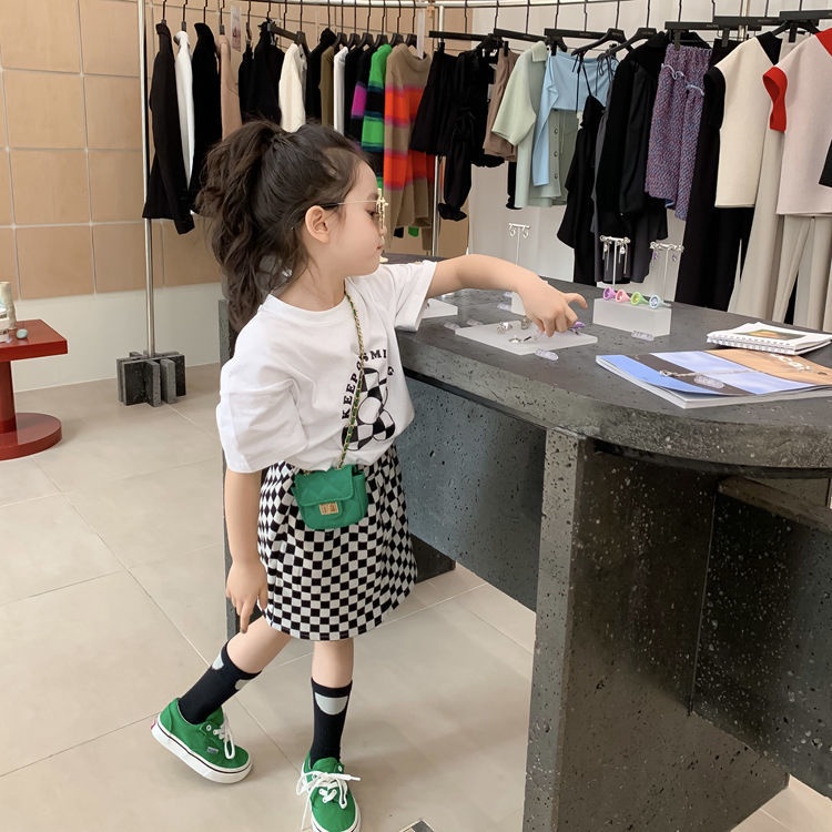 Set Áo Thun Ngắn Tay + Chân Váy Caro Phong Cách Hàn Quốc Thời Trang Mùa Hè Cho Bé Gái