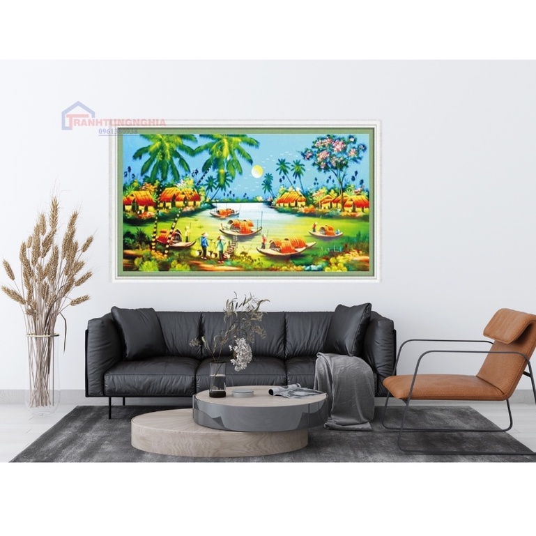Tranh Đính Đá NGÔI LÀNG VEN SÔNG (ĐÁ ABC CAO CẤP). Kích Thước: 1m x 55cm