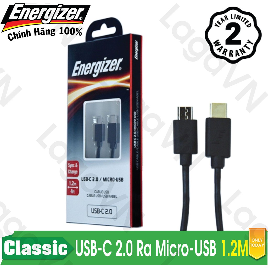 [Freeship toàn quốc từ 50k] Cáp sạc Type-C Energizer USB-C ra Micro-USB 2.0 dài 1.2m - C11C2MCGBK4 Cho Android (Đen)