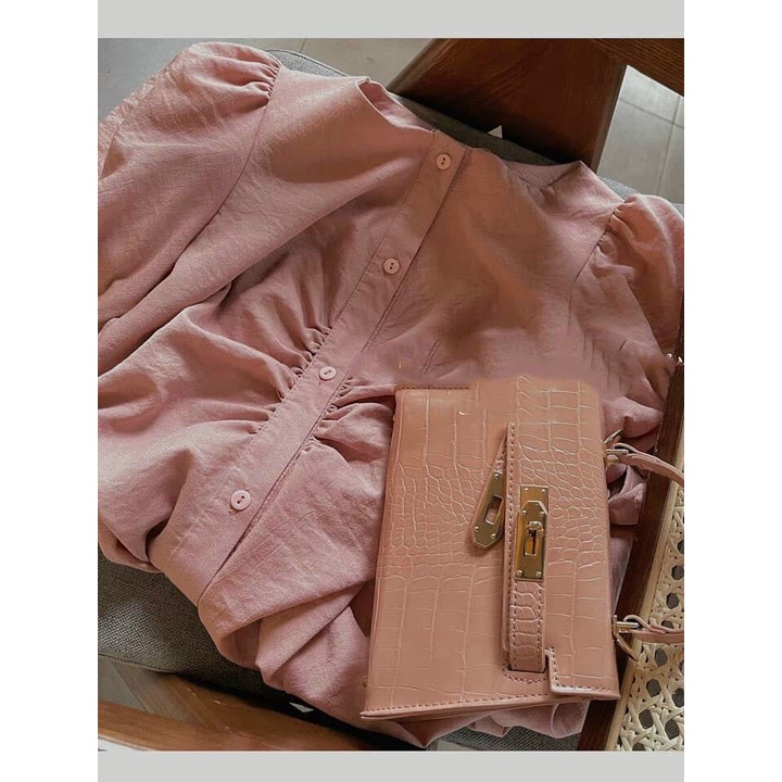 Đầm kate cổ tròn tay phồng, đầm nữ kate có cúc kiểu dáng độc đáo