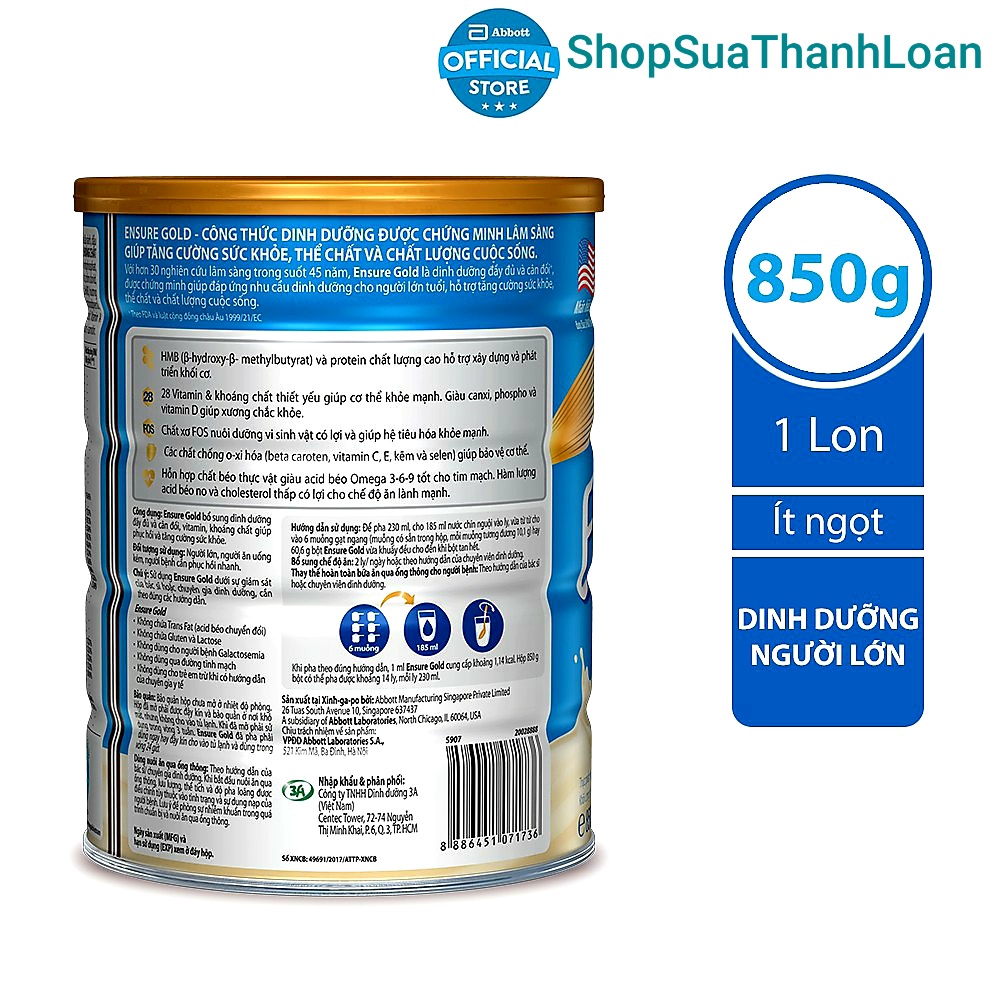 [HSD T1-2024] Sữa Bột Ensure Gold Vani Ít ngọt (HMB) - Hộp 850gr