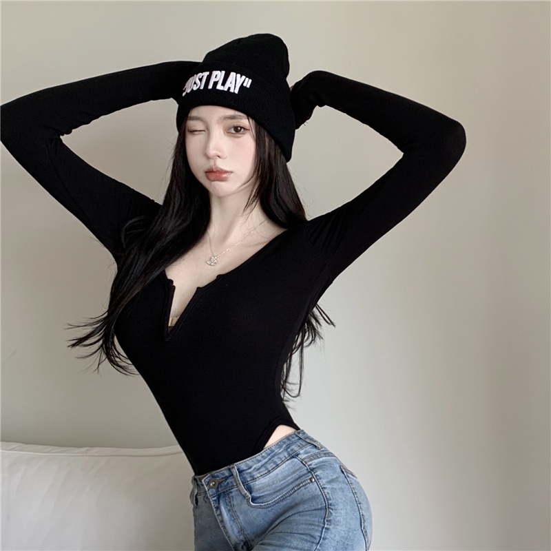 Glorki one-piece top women's crotch European and American style sexy hot girl tight long-sleeved one-shoulder knitted shirt inner base shirt autumn