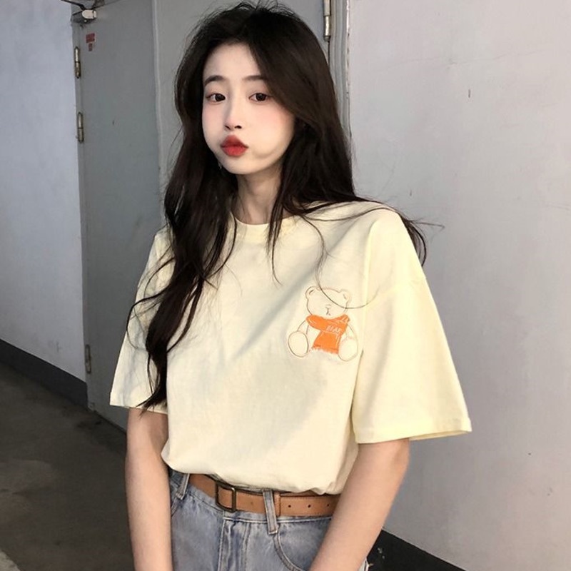Áo Thun Ngắn Tay Dáng Rộng In Hình Gấu Thời Trang Hàn Quốc Cá Tính