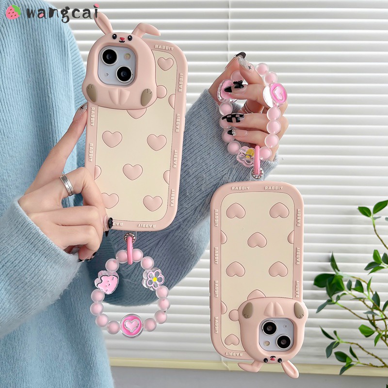 Ốp Điện Thoại Silicon Mềm Hình Tai Thỏ 3D Có Dây Đeo Cổ Tay Cho iPhone 13 12 11 Pro Max