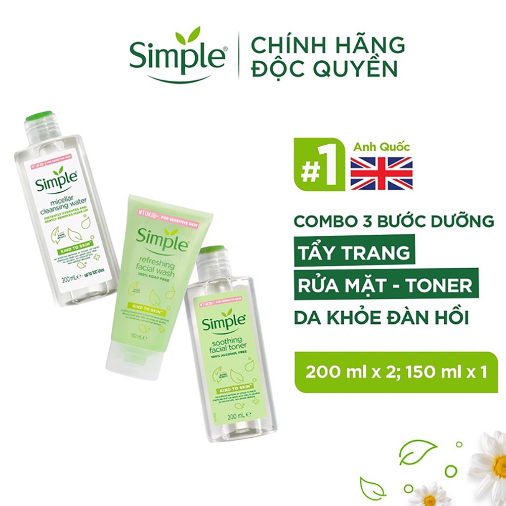 Combo Simple Tẩy Trang 200ml + Sữa Rửa Mặt 150ml + Nước Hoa Hồng 200ml Dịu Nhẹ Cho Da Khô, Nhạy Cảm Simple Kind To Skin