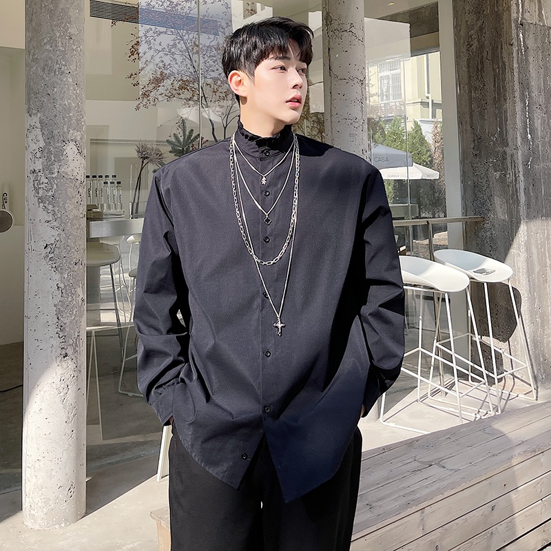 Nhà thiết kế nhà ga châu Âu cho thấy ren đứng lên cổ áo sơ mi Nhà tạo mẫu tóc nam Phiên bản Hàn Quốc Ruffian Thương hiệu thời trang đẹp trai Áo sơ mi dài tay