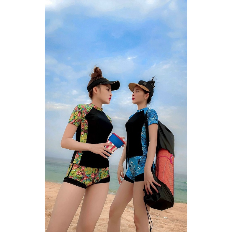 Bikini bộ bơi đồ bơi nữ kín đáo tay lửng phối hoa văn quần đùi EVA TSTLQD