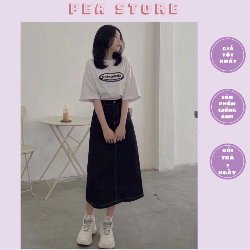 (Ảnh thật/Sẵn) Chân váy jean đen dáng dài viền chỉ nổi xẻ sau chun eo