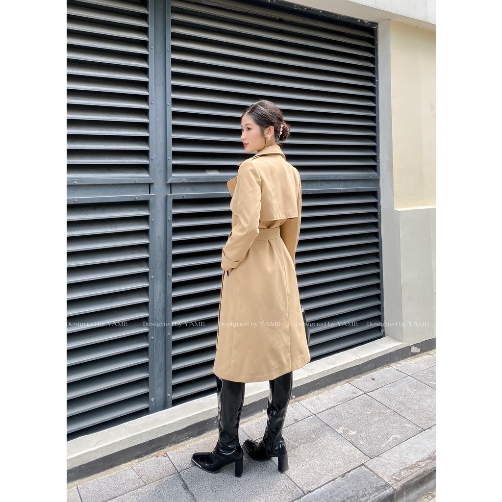 Áo khoác ngoài kaki Hàn cao cấp dáng dài qua gối màu nâu, hai lớp, có đai YAME YAK04 Garis