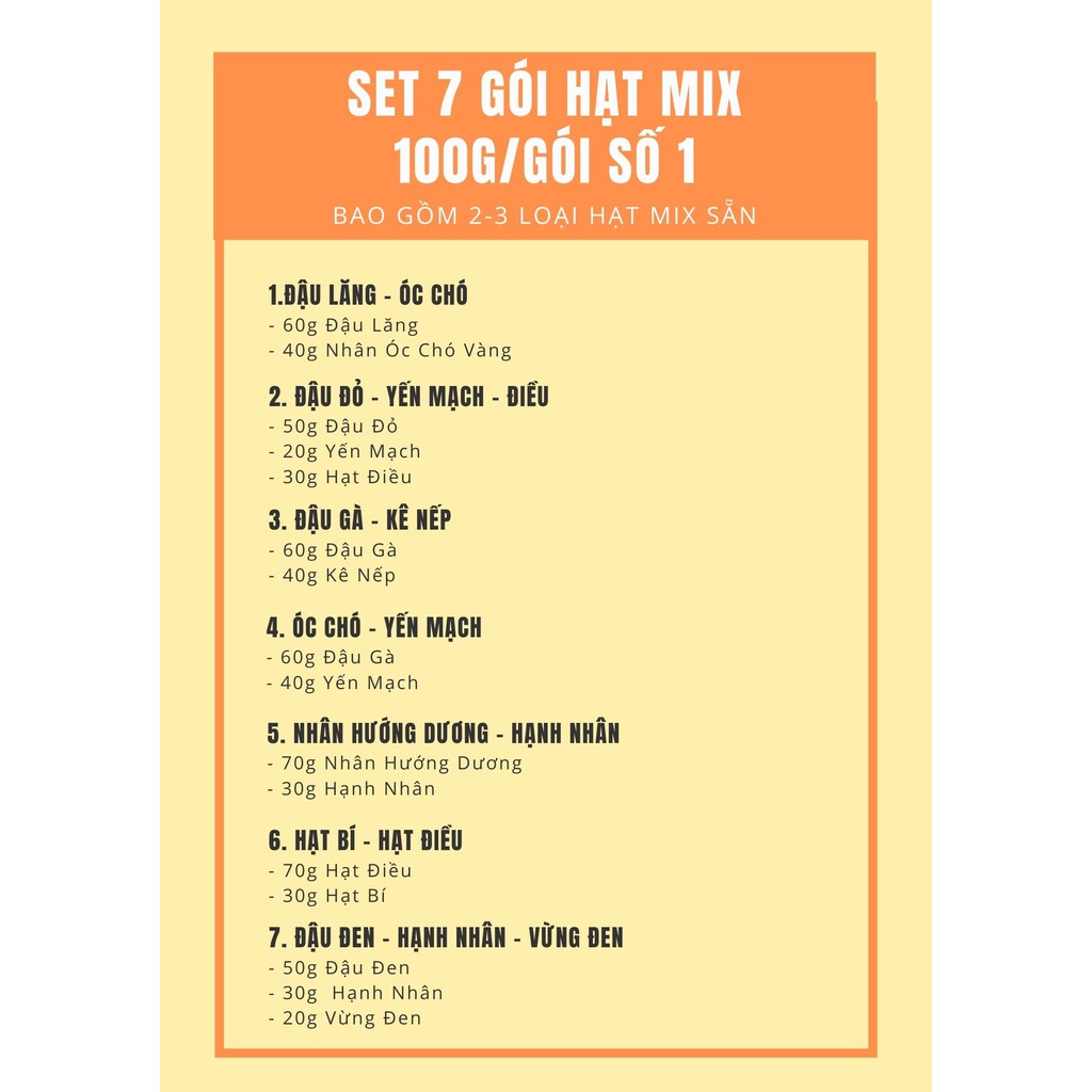[ 7 gói hạt mix sẵn 100g ] Combo 7 gói hạt dinh dưỡng làm sữa mix sẵn cho 1 tuần tiện lợi đầy đủ dinh dưỡng
