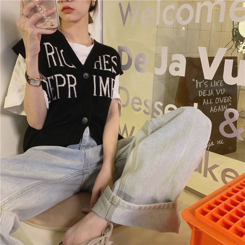 Áo Sát Nách Dệt Kim Dáng Rộng In Chữ Kiểu Vintage Cá Tính