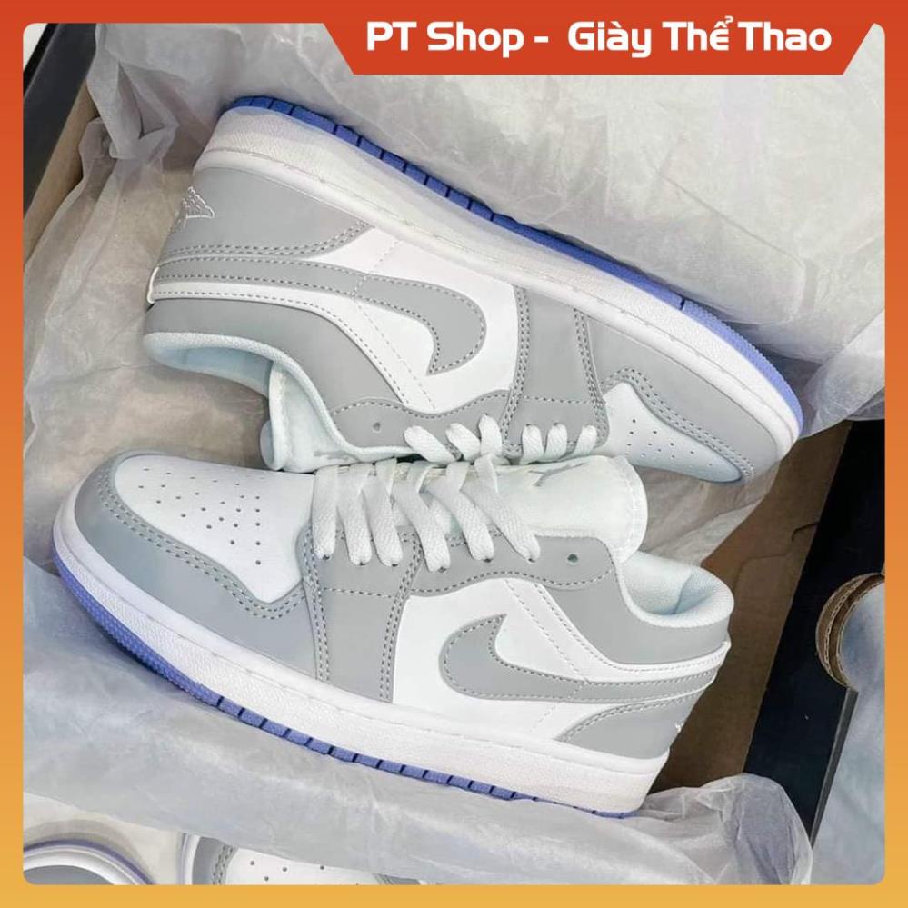 Giày Jordan xám trắng thấp cổ đủ phụ kiện , Giầy sneaker thể thao JD1 ghi đế tím