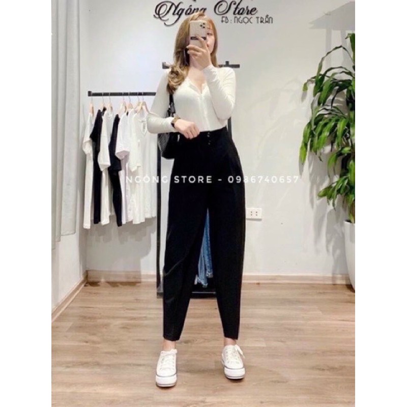 Quần baggy công sở vải chất tuyết mưa đính 2 cúc full size