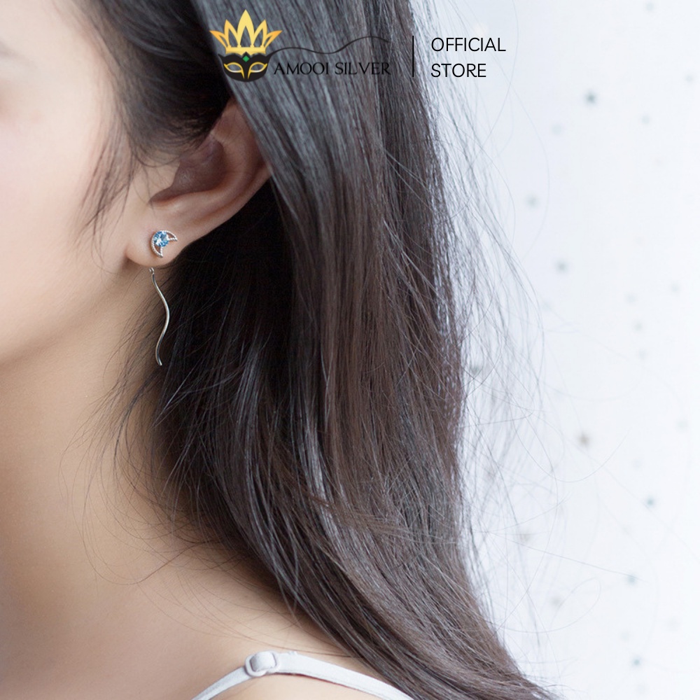 Bông Tai Bạc S925 Mẫu Mặt Trăng Ngôi Sao Xanh Tua Rua - Amooi Silver AB56