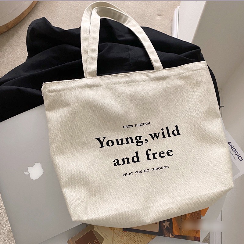 Túi tote HAZIN vải canvas ulzzang unisex in chữ Andfree có khoá miệng túi nhỏ bên trong HZ58