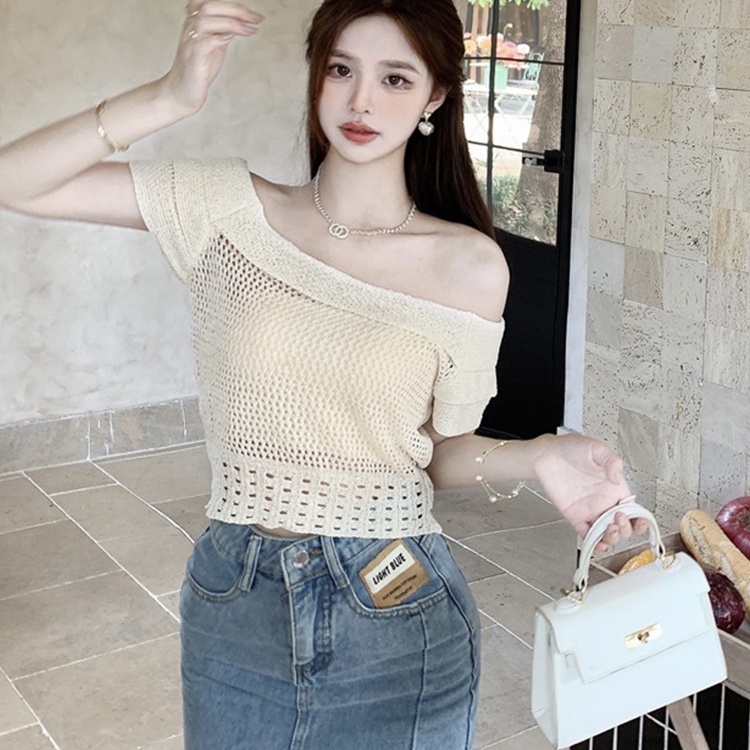 Áo Thun Dệt Kim Ngắn Tay Màu Sắc Thời Trang Mùa Hè Cho Nữ