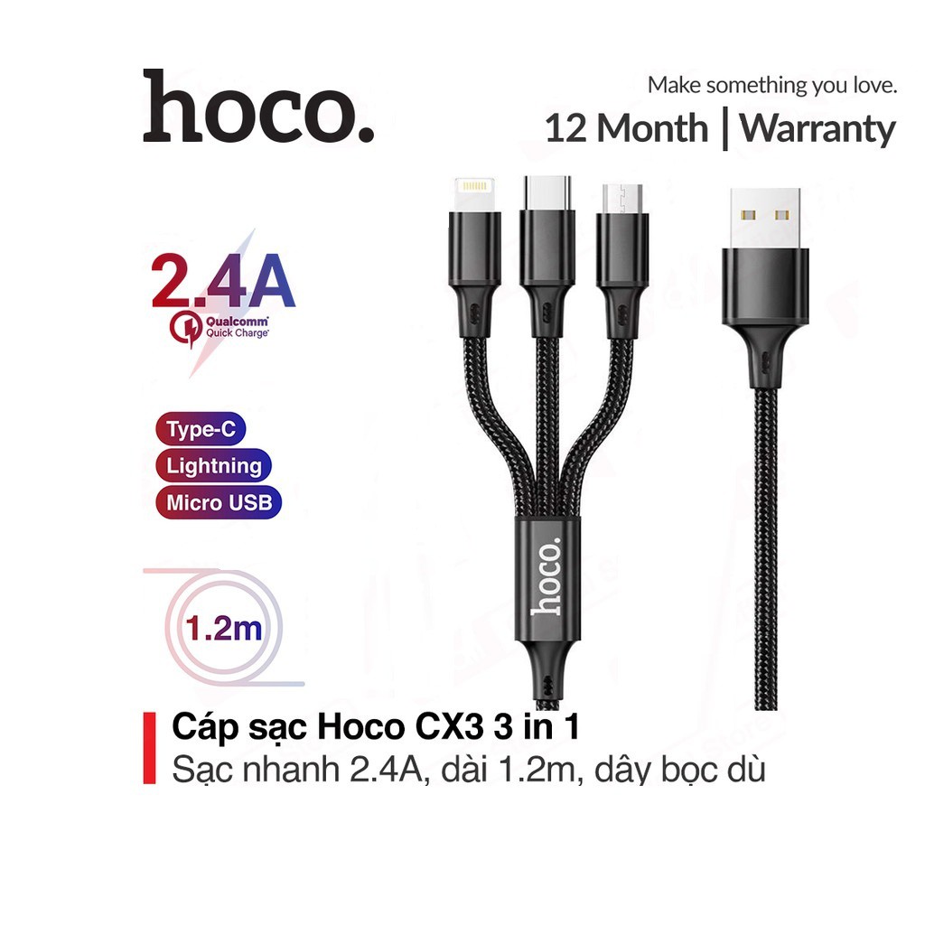 Cáp sạc đa năng 3 đầu Hoco CX3 Lightning/Micro/Type-C sạc nhanh 2.1A chất liệu nylon chống đứt dài 1.2M
