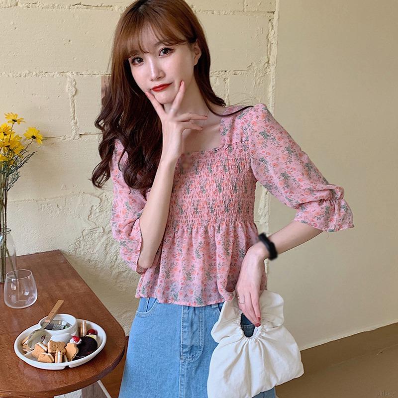 Áo Kiểu Chiffon Tay Ngắn Cổ Vuông Họa Tiết Hoa Phong Cách Cổ Điển Hàn Quốc