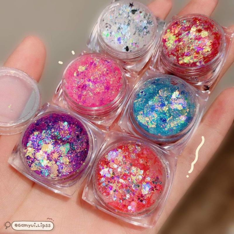 ✨ Hộp Gel Nhũ Hạt Sequin 6 Ô For Party Siêu Long Lanh Kèm Cọ 2 Đầu