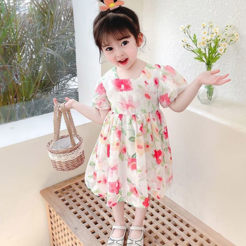 Đầm Bé Gái Đầm Công Chúa Mùa Hè Cổ Vuông Tay Cộc Kiểu Hàn Quốc Cho Bé Gái Se7En