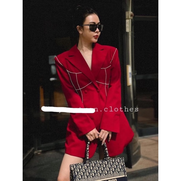 Vest đầm độn vai đính đá chạy viền thiết kế