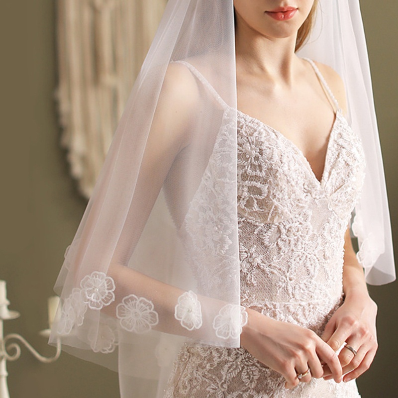 Mạng Che Mặt Hai Lớp Phối Ren Hoa Cho Cô Dâu
