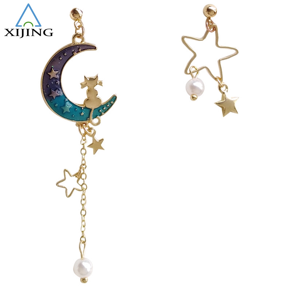 Bông tai bất đối xứng hình trăng sao đính ngọc trai xinh xắn thời trang