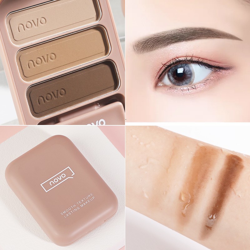 ♕Phấn Trang Điểm Lông Mày NOVO 3 Màu Tự Nhiên Chống Nước &amp; Mồ Hôi Kèm Cọ Trang Điểm