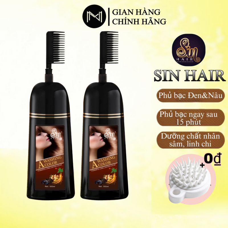 Combo dầu gội phủ bạc Sin Hair màu nâu, dầu gội nhuộm tóc Nhật Bản Nhân Sâm