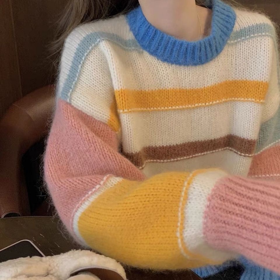 Áo sweater dáng rộng màu sắc cầu vồng thời trang mùa thu cho nữ