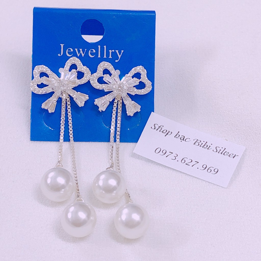 Bông tai bạc ta dáng dài hình nơ treo hạt châu duyên dáng phù hợp đi dự tiệc - Bạc Bibi