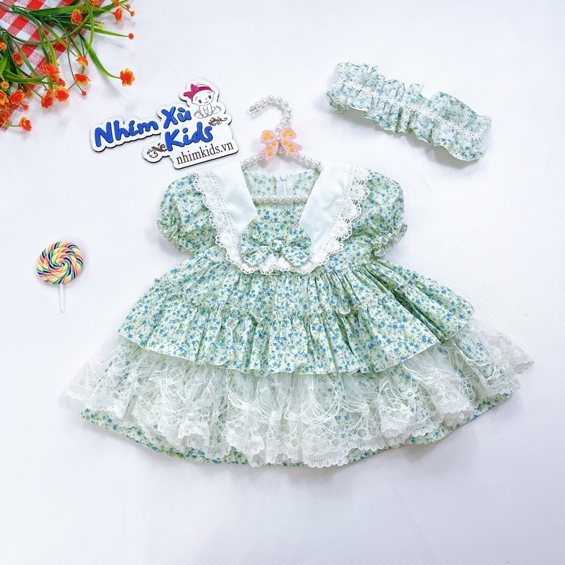Váy Lolita Xanh Bạc Hà Phối Ren Tầng Siêu Xinh Cho Bé 4kg-28kg