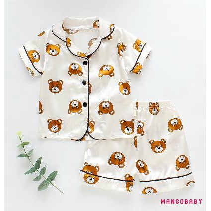 ♬MG♪-Children Cartoon Bear Two-piece Pajamas Girls Short Sleeve Lapel Top with Button Elastic Waistband Shorts Set