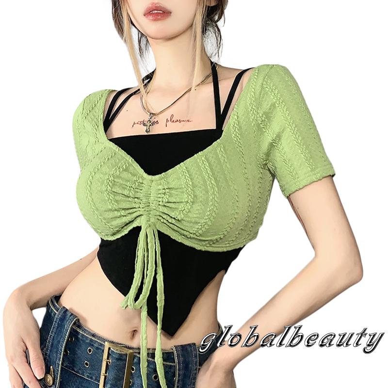 Áo Croptop Hai Dây Và Áo Sơ Mi Tay Ngắn Màu Xanh Lá Phối Dây Rút Thời Trang Dành Cho Nữ