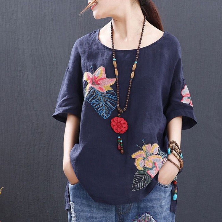 ☻ L O T U S ☻ Áo Kiểu Thêu Hoa Cổ Điển Plus Size CAL1727