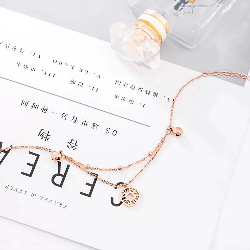 Lắc Chân Hai Lớp Bằng Thép Titan Mạ Vàng Hồng 18K Chống Nước Không Gây Dị Ứng Không Phai Màu Phong Cách Hàn Quốc Đơn Giản Cho Nữ