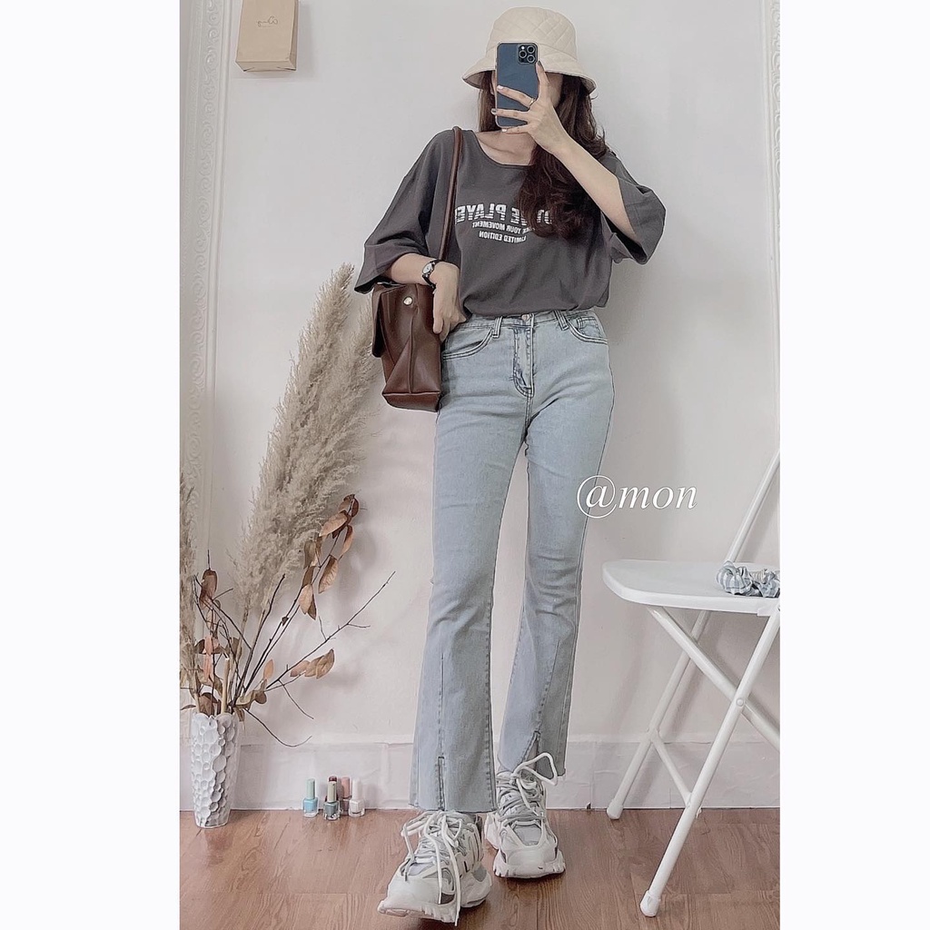 2101446 Quần jeans nữ ulzzang - quần loe nhẹ có giãn chất jeans mềm màu xanh nhạt có size