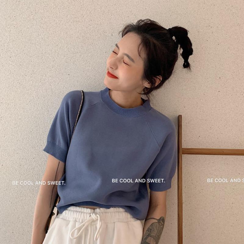 Áo len tay ngắn dáng ôm phong cách Hàn Quốc thời trang mùa hè cho nữ