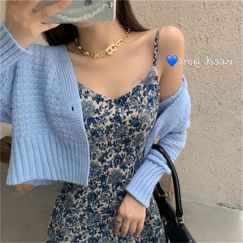 Đầm Hai Dây Dáng Ôm In Hoa Phong Cách Pháp Cổ Điển Thời Trang Xuân Thu 2021