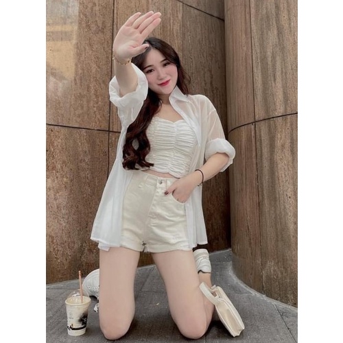 Set Bộ 3 Món Áo Sơ Mi Tơ Lụa Quần Kaki Trắng Kèm Áo Quây