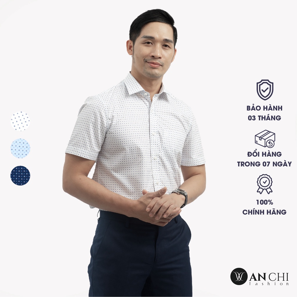Áo Sơ Mi Nam Ngắn Tay Trung Niên ANCHI Hoạ Tiết Chấm Bi Trắng Cao Cấp