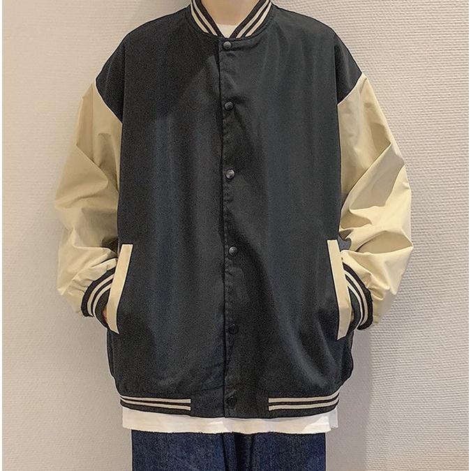 【S-3XL】 Áo khoác bóng chày dáng rộng phối màu tương phản thời trang cho nam S-3XL
