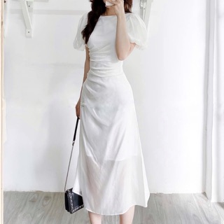 Đầm tay bồng nhún hông eo