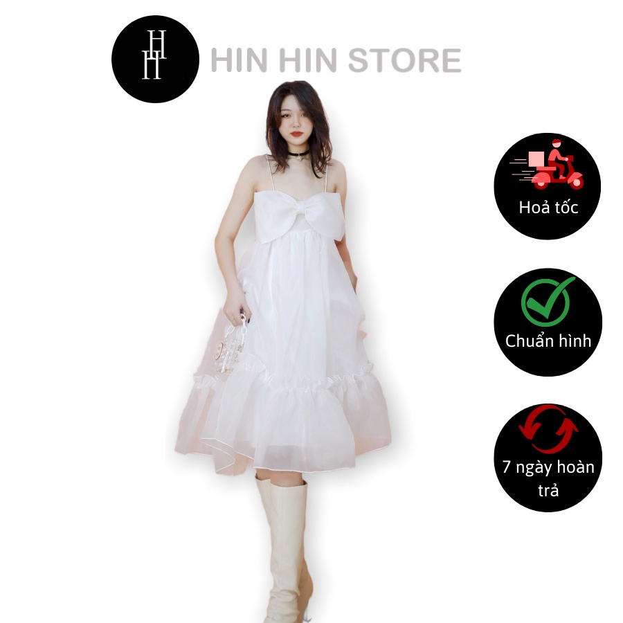 Váy HDT232 babydoll trắng hai dây nơ ngực siêu đáng yêu Hỉn Hỉn Store