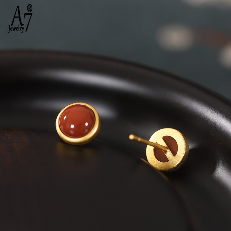 Bông Tai Mạ Bạc 925 Hình Quả Trứng Khảm Đá Mã Não Đỏ A7