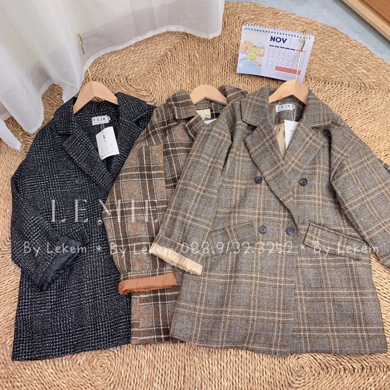 Áo Khoác Dạ Kẻ 2 Lớp Phong Cách Hàn Quốc Size S M lekemqc
